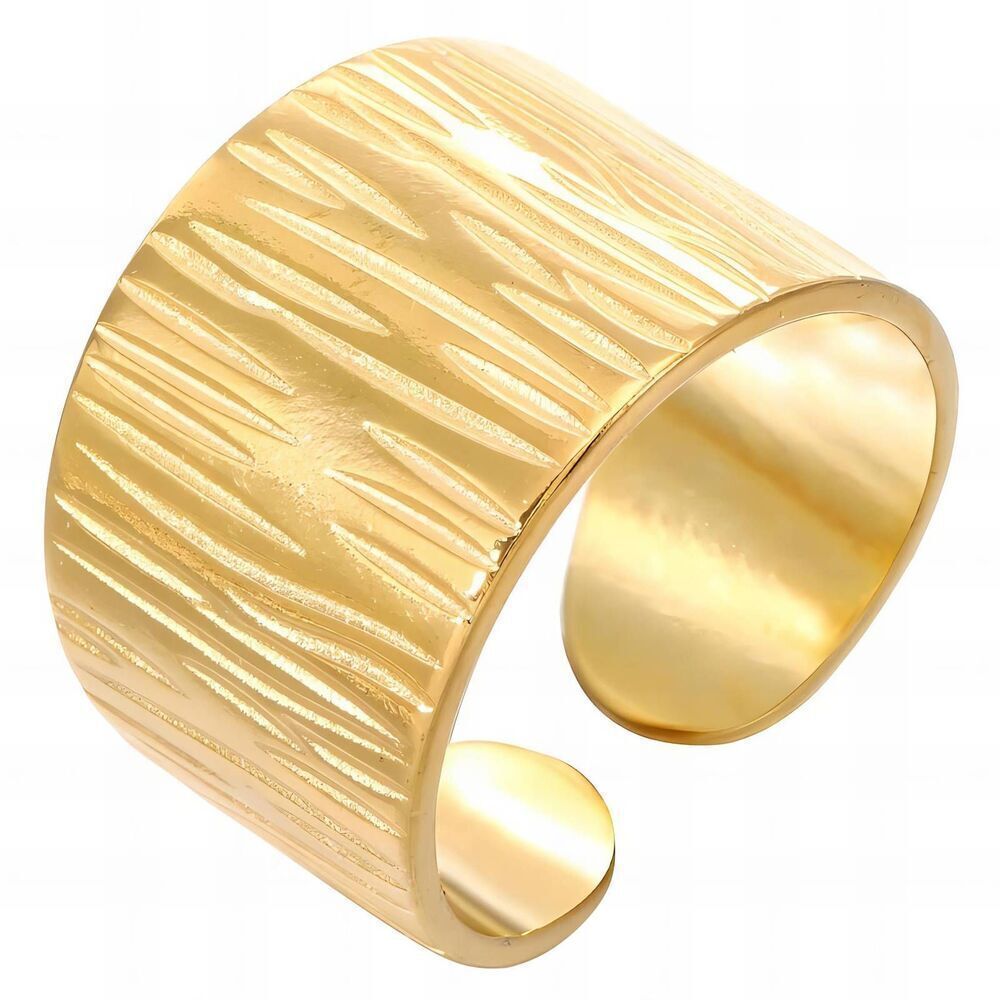18K Gold Plated Women's Finger Adjustable Open Back Ring Textured Modern Fashion